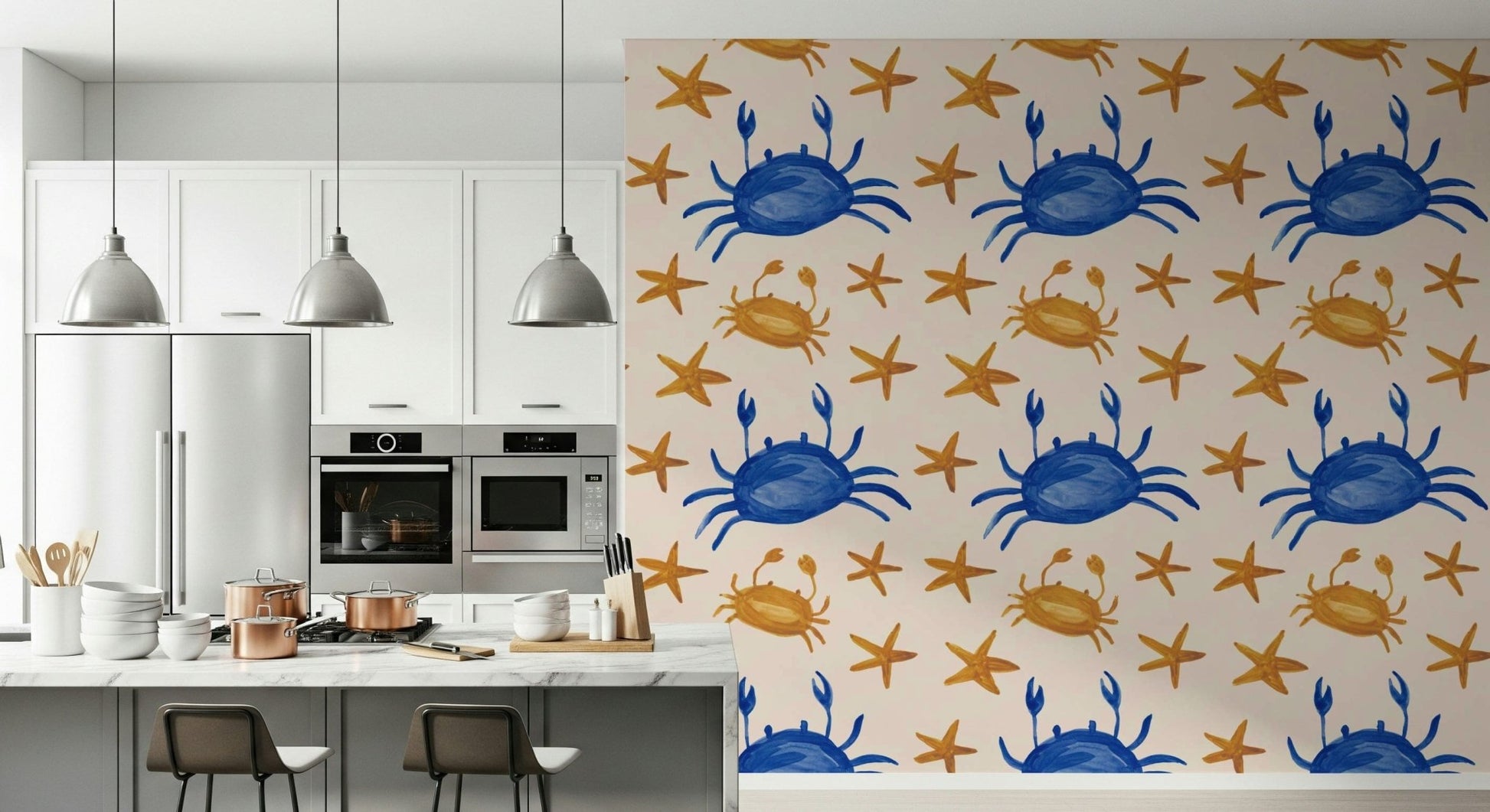 Coastal-themed mural featuring friendly crabs and simple star icons.