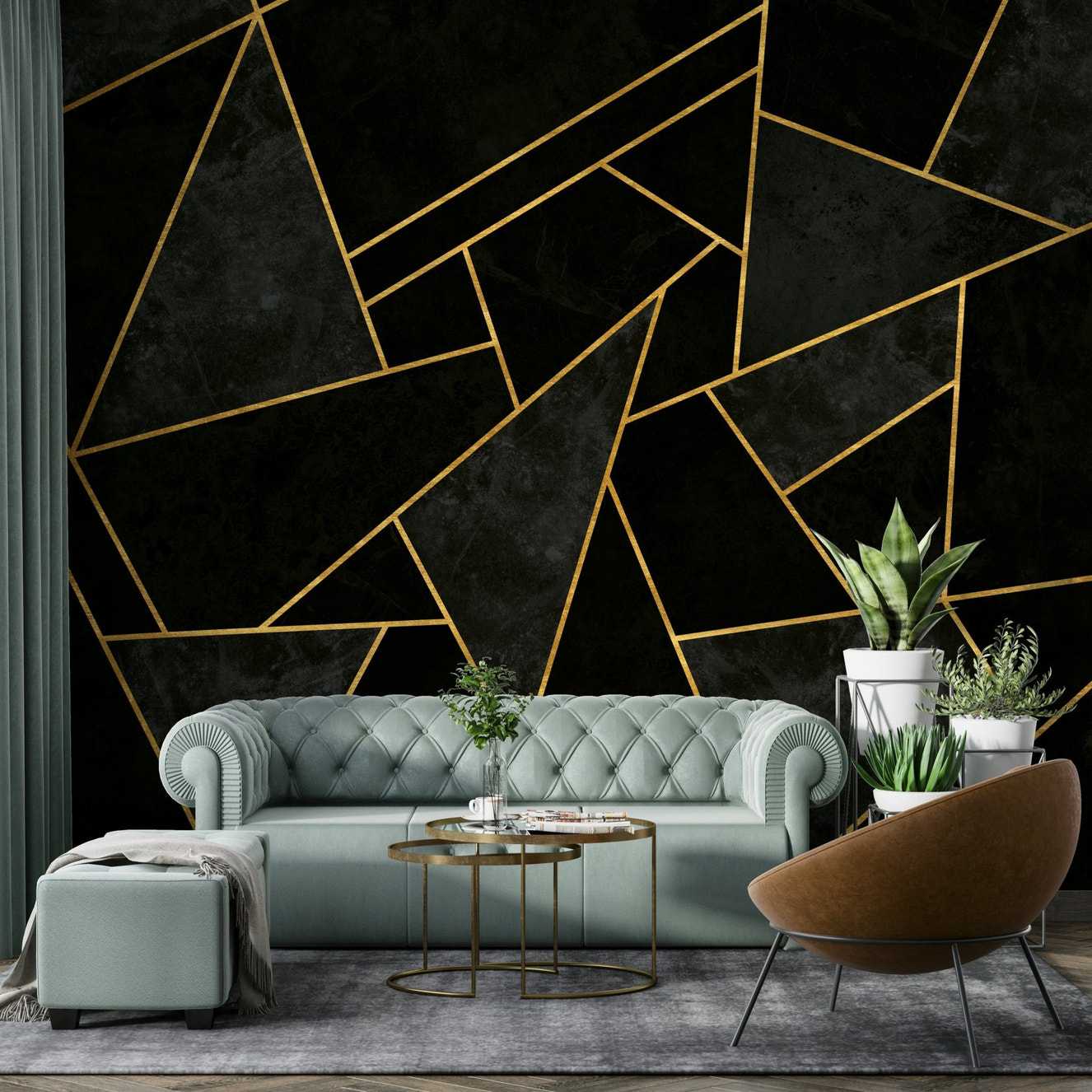 Cracked black mosaic wall mural with textured patterns

