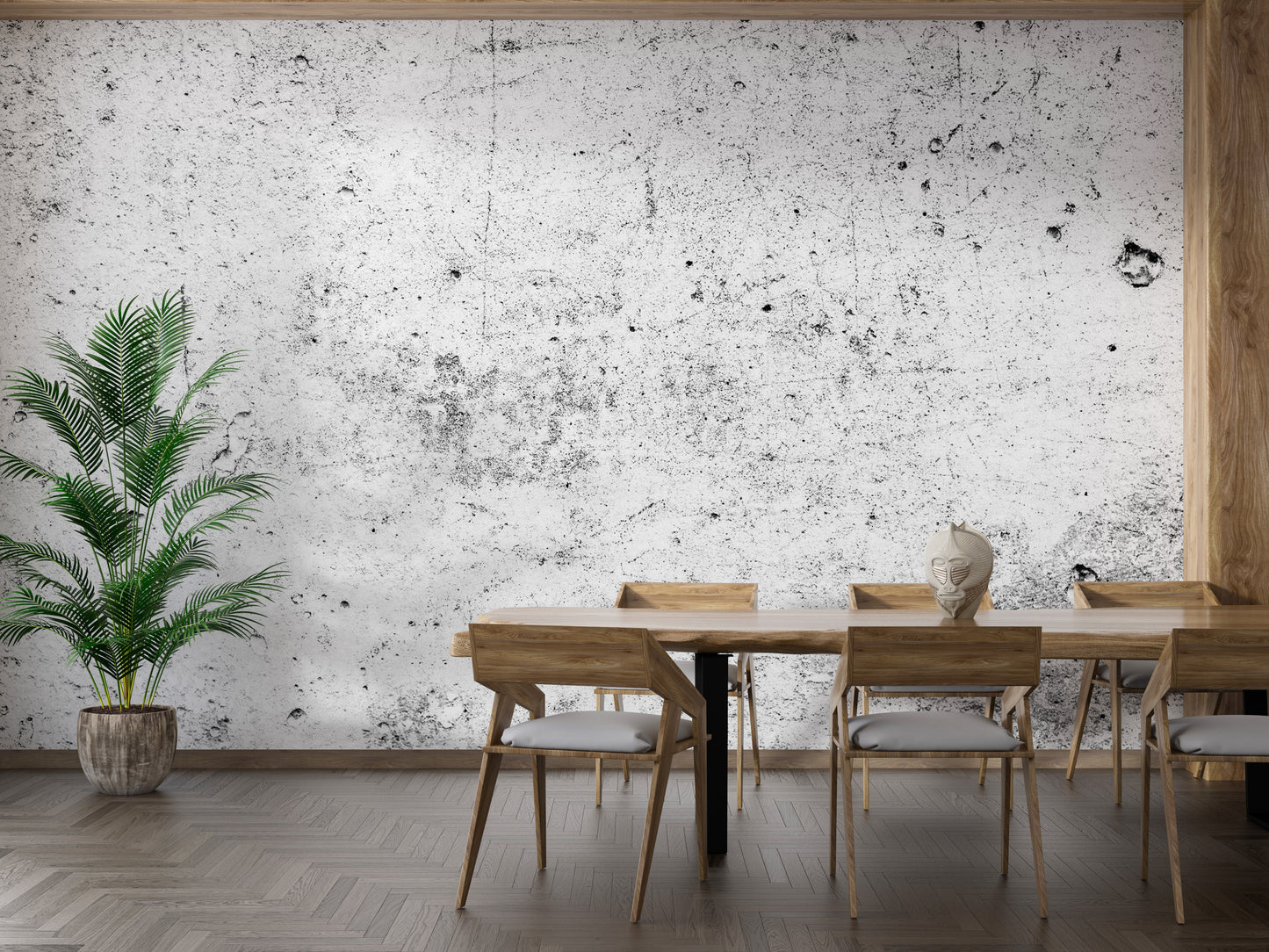 Minimalist beige plaster wallpaper showing subtle surface wear for dining area.