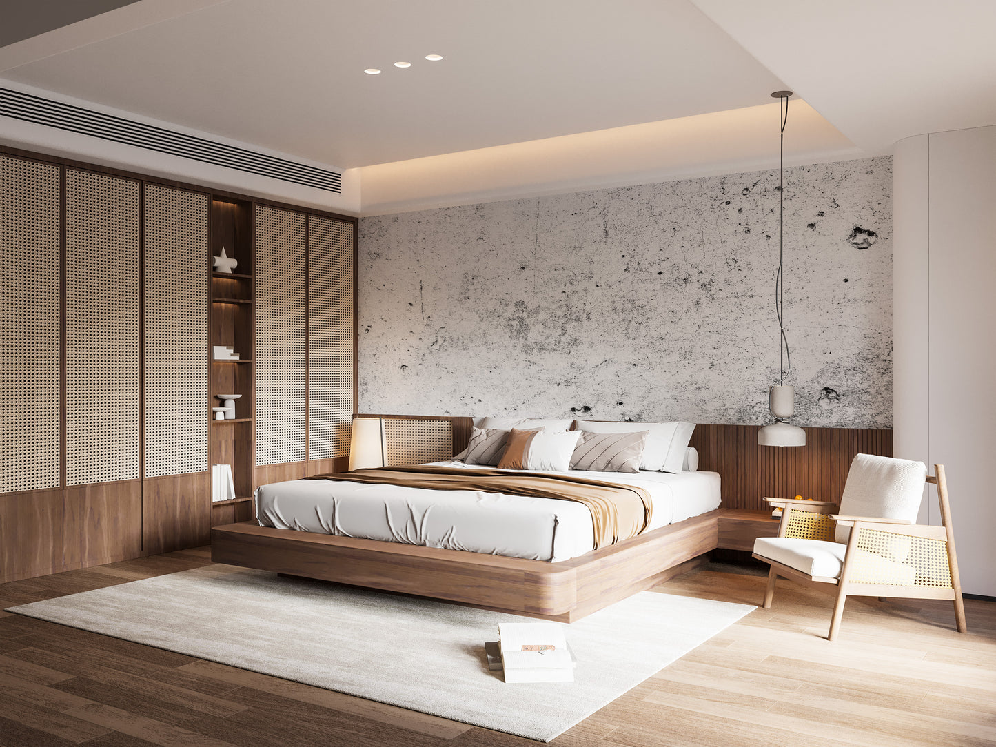 Distressed stone effect wallpaper mural with a matte grit finish for bedroom.