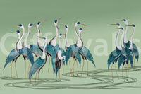 Minimal lounge with crane mural, soft colour accents and depth