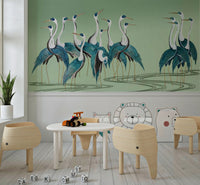 Dining area feature wall with crane mural, muted colour tones