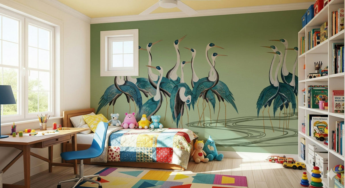 Crane wall mural in home office, clean styling backdrop