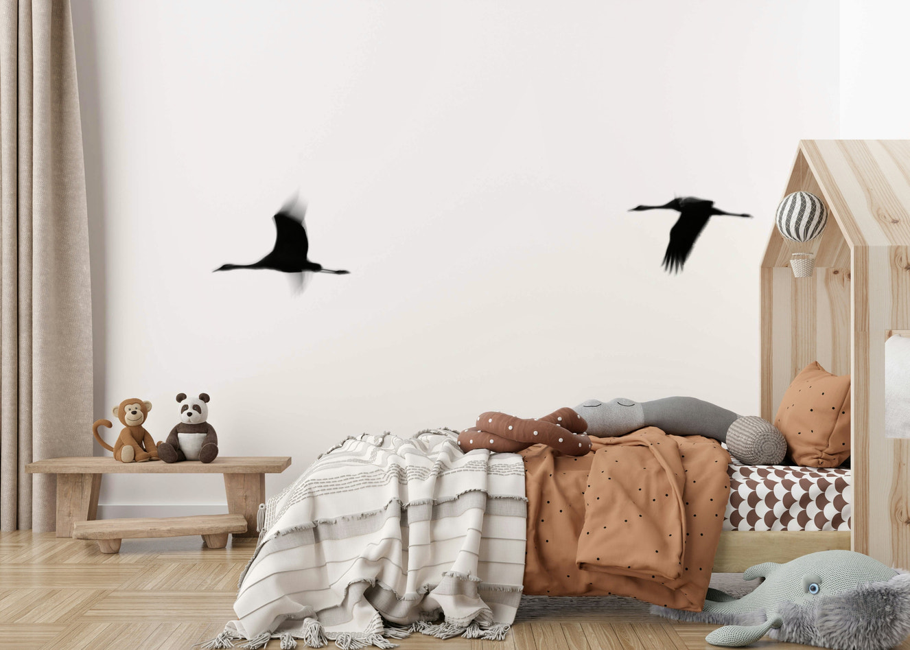A graceful subtle bird wall mural in cool, natural tones.

