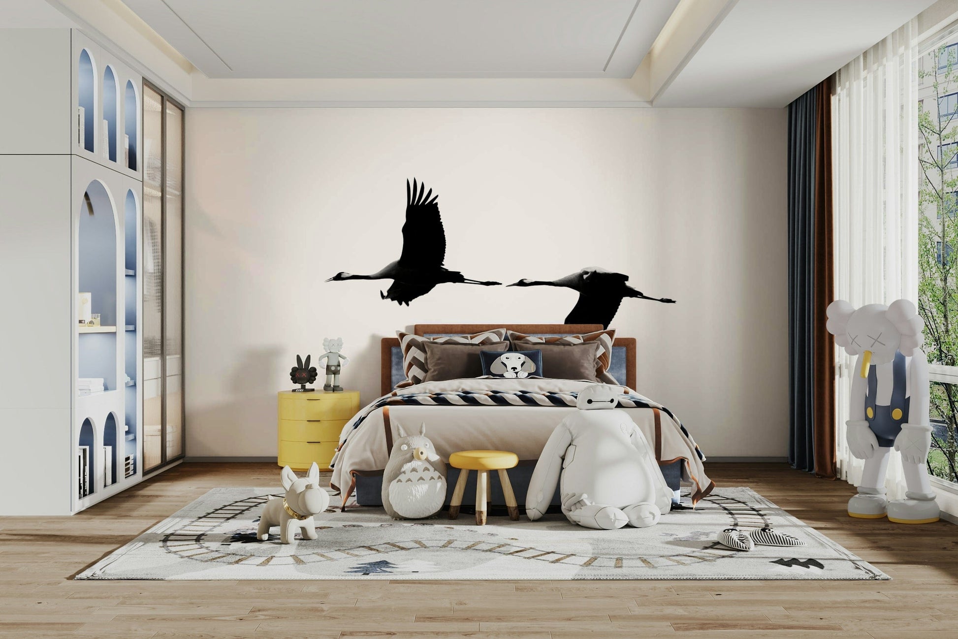A calming bird pattern wallpaper mural that defines a space.

