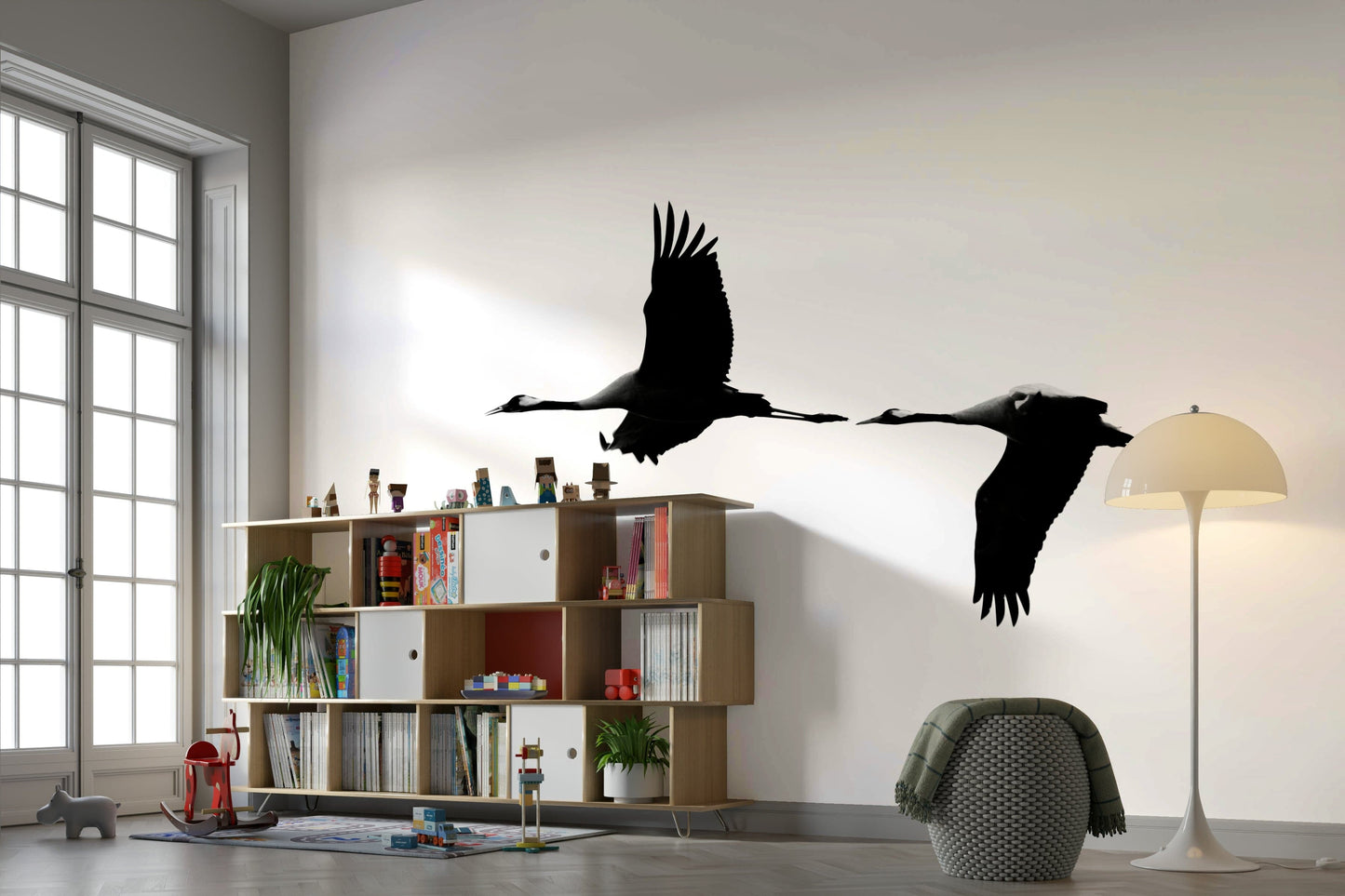 A beautiful modern art wall mural of a crane.

