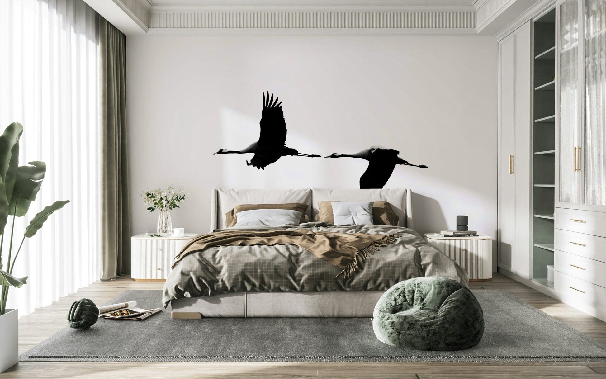 A graceful subtle bird wall mural in cool, natural tones.

