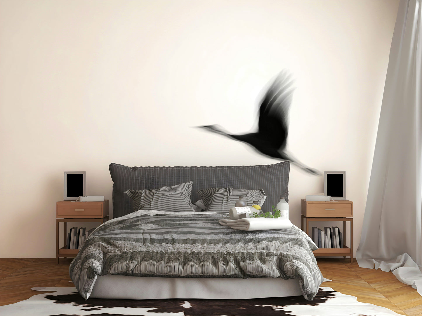 A calming serene bird wallpaper mural that defines a space.

