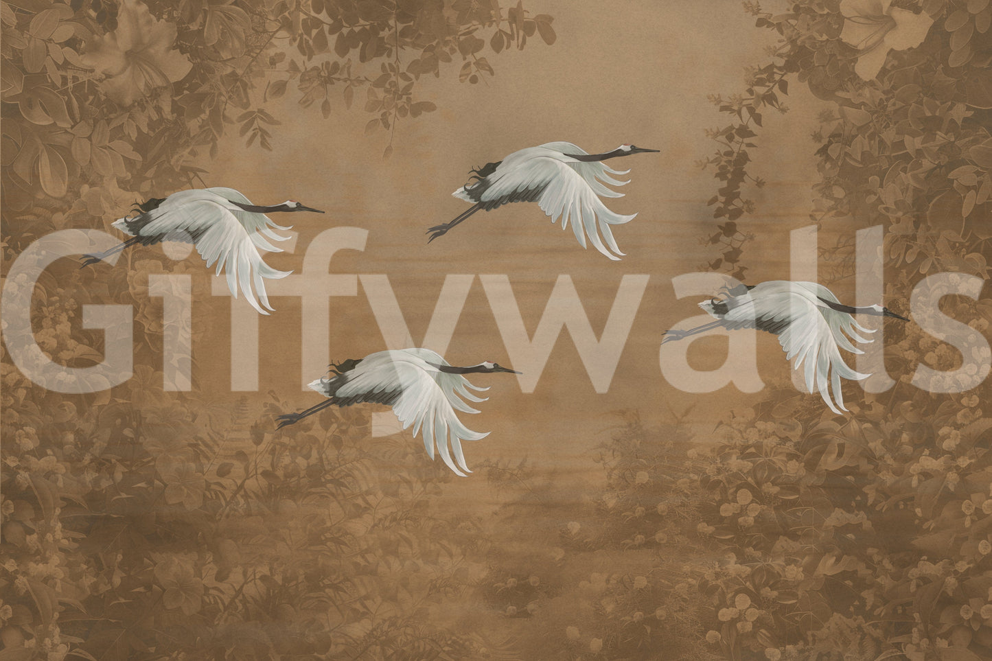 The view is close-up on the birds and flowers.

