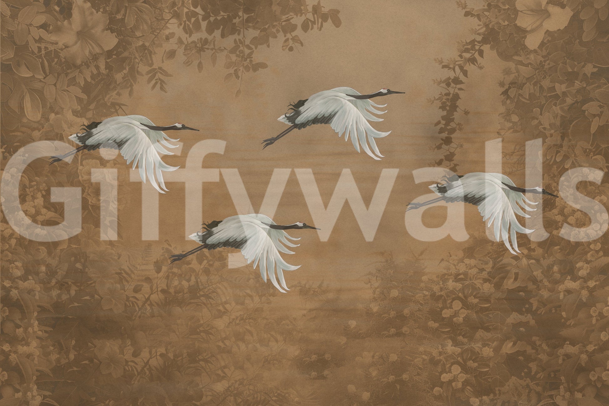 The view is close-up on the birds and flowers.

