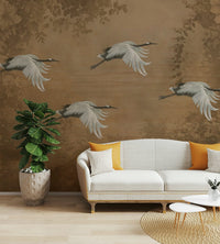 The design is in a style reminiscent of Asian art, with graceful birds.

