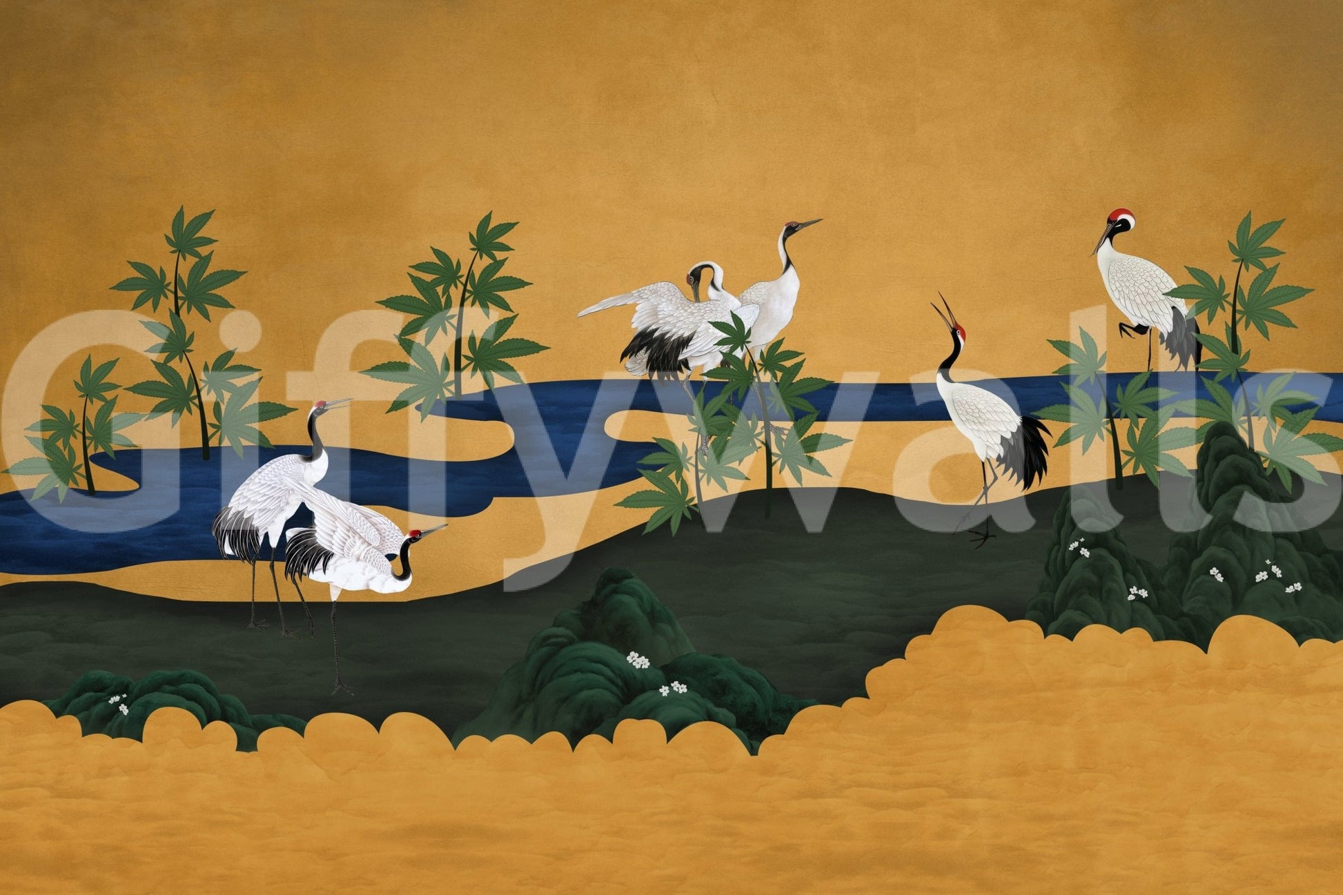 Crane haven feature wall mural, calm colors and fine detail