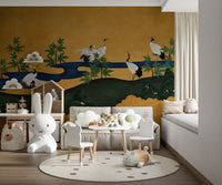 Crane birds mural in bedroom, soft color tones and clean detail