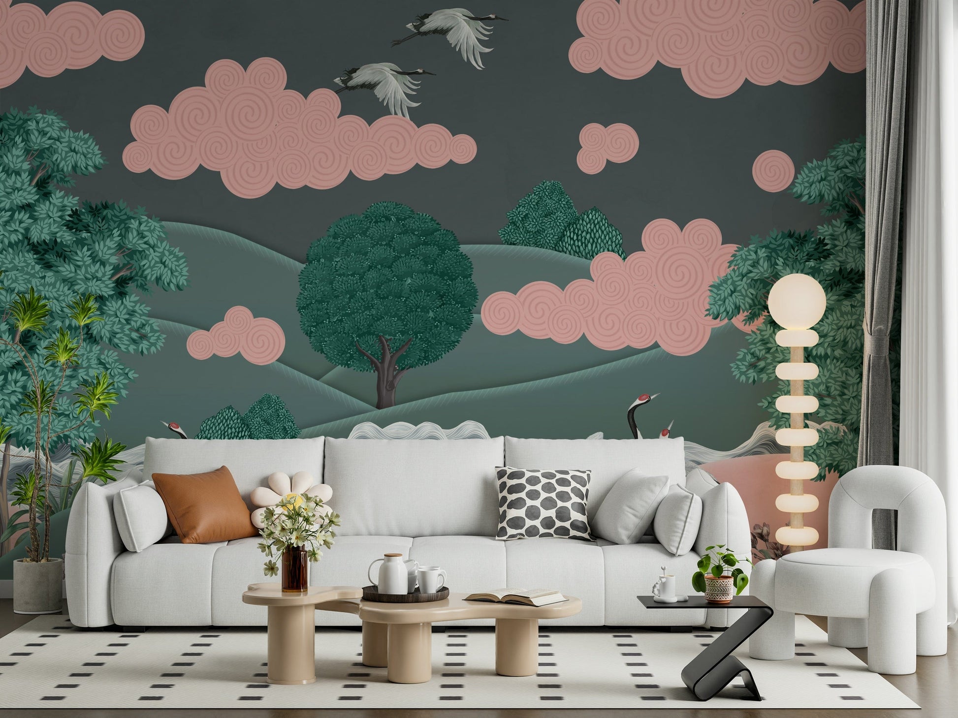 Serene crane bird mural for nursery wall, pale blue and beige, gentle nature theme