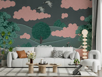 Serene crane bird mural for nursery wall, pale blue and beige, gentle nature theme