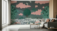 Crane wall mural in reading nook, soft coastal colors, modern wall decor for apartment