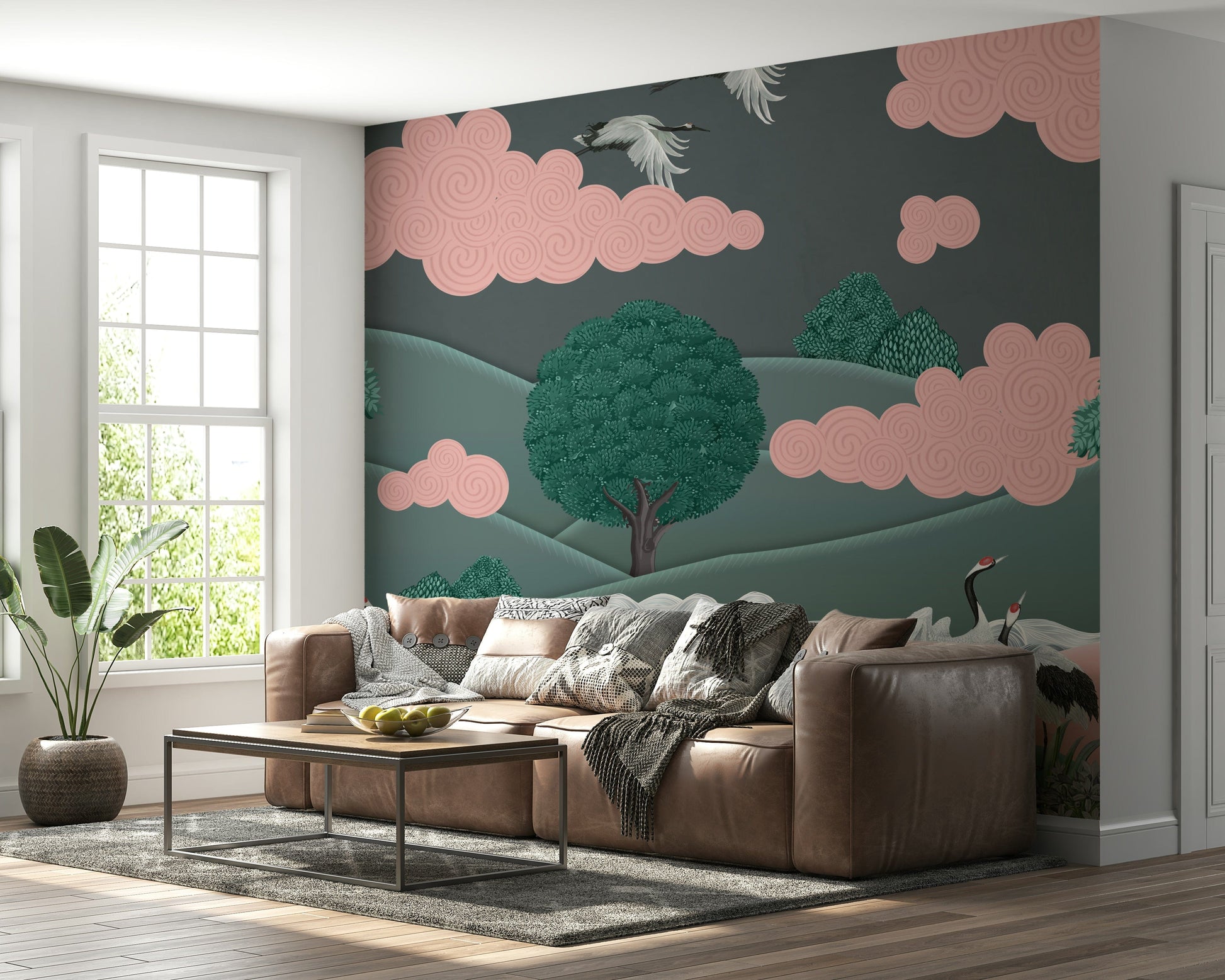 Japanese-inspired crane wallpaper mural for bedroom, muted color tones, calm feature wall