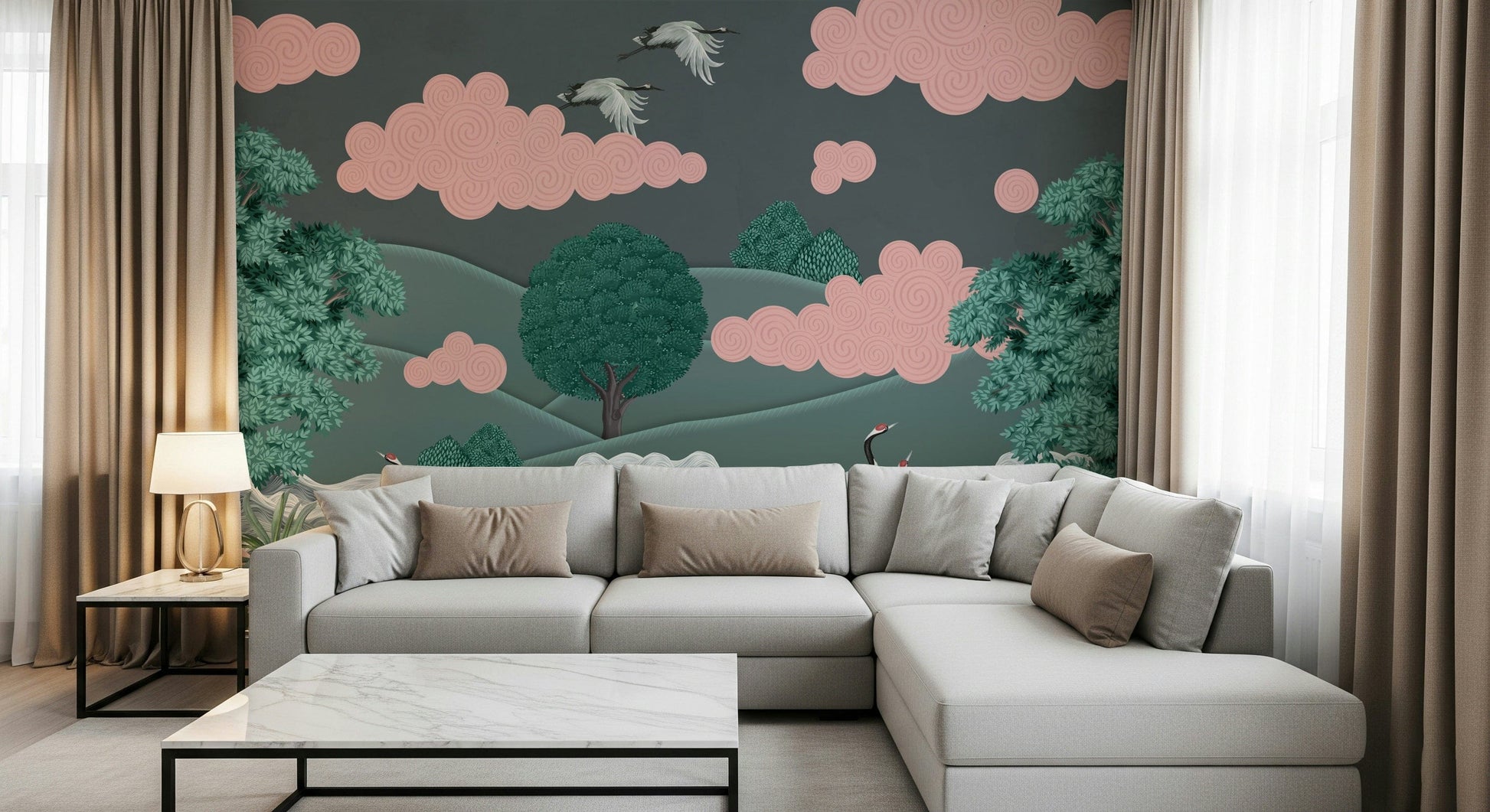 Large crane mural for hallway feature wall, modern style, subtle color wash background
