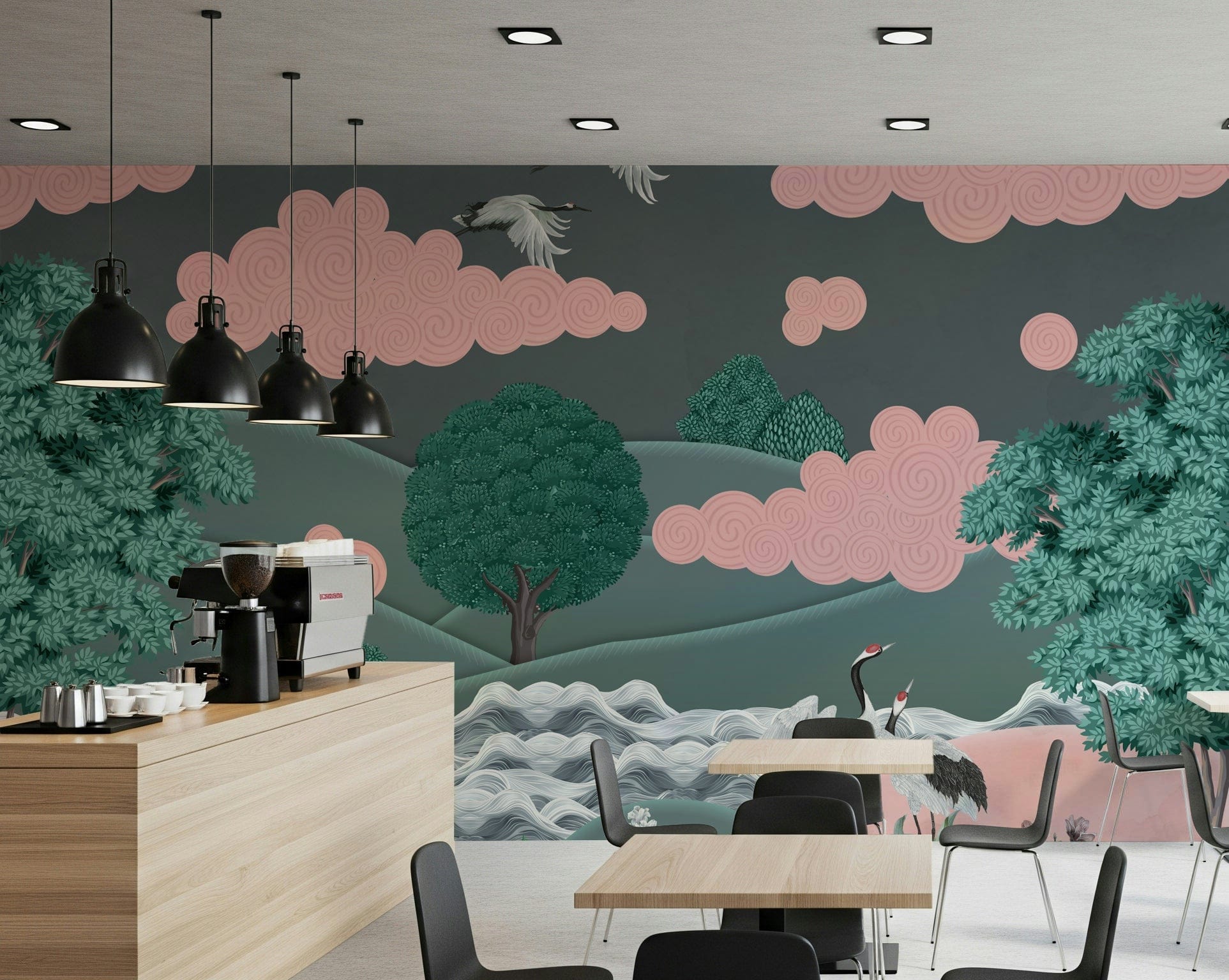 Minimal crane wallpaper mural in home office, light color scheme, clean modern workspace