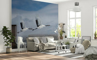 Living room wall decor mural with cranes and sky, simple composition, feature wall