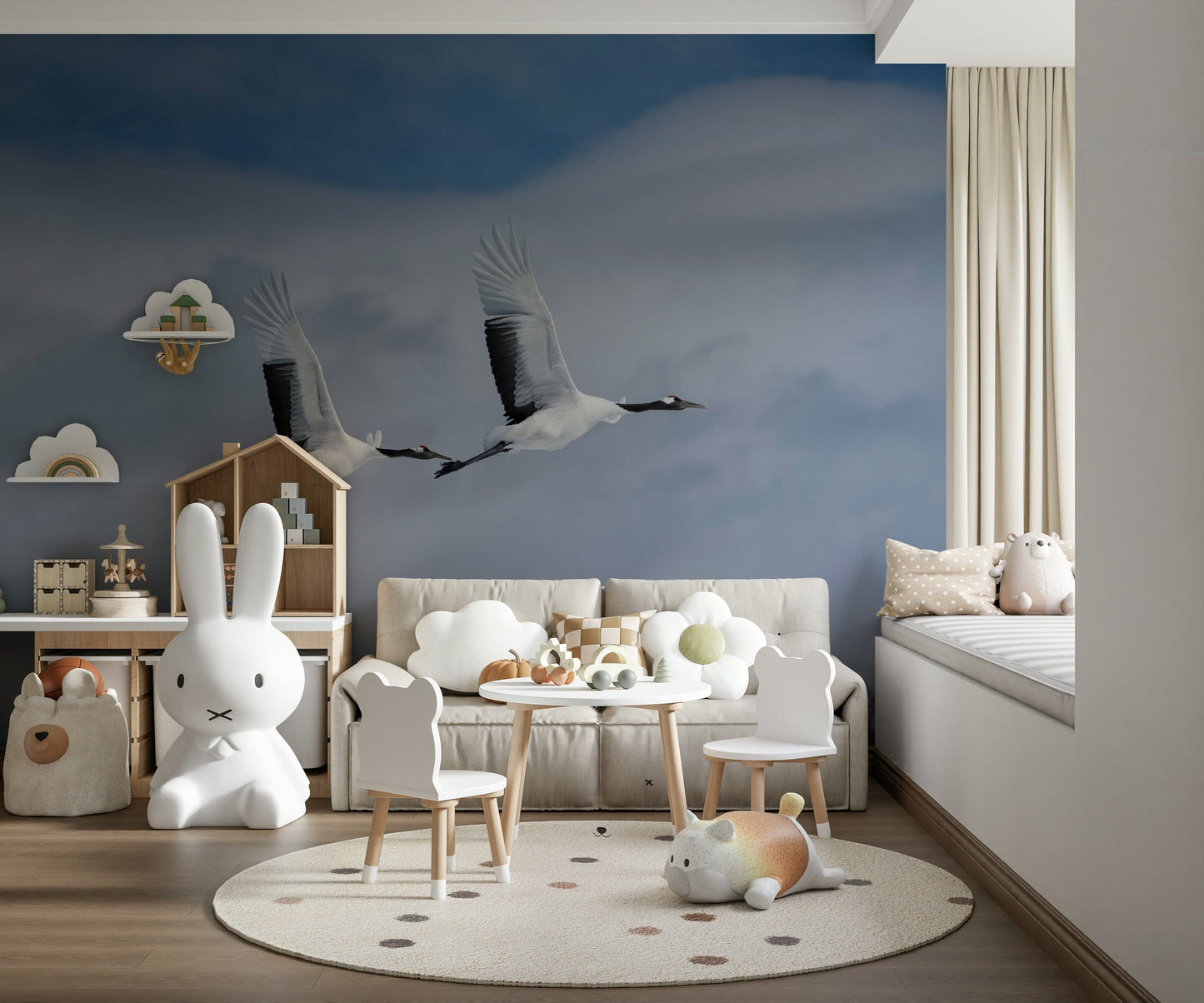 Entryway wall mural showing cranes flying over water, modern wall decor for apartment
