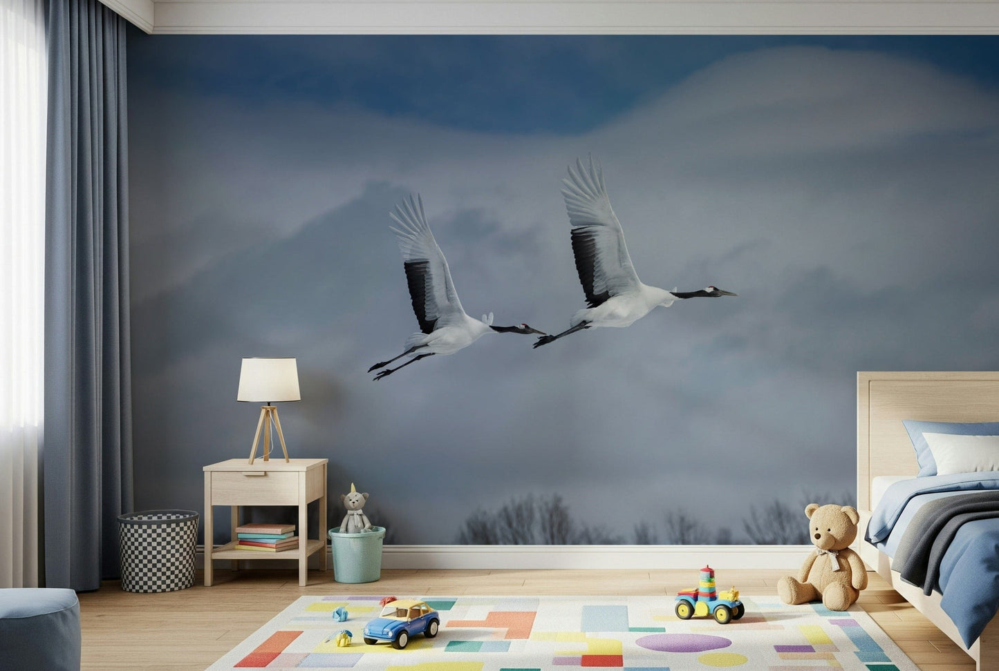 Crane wall mural in modern living room, soft neutral color palette, feature wall decor