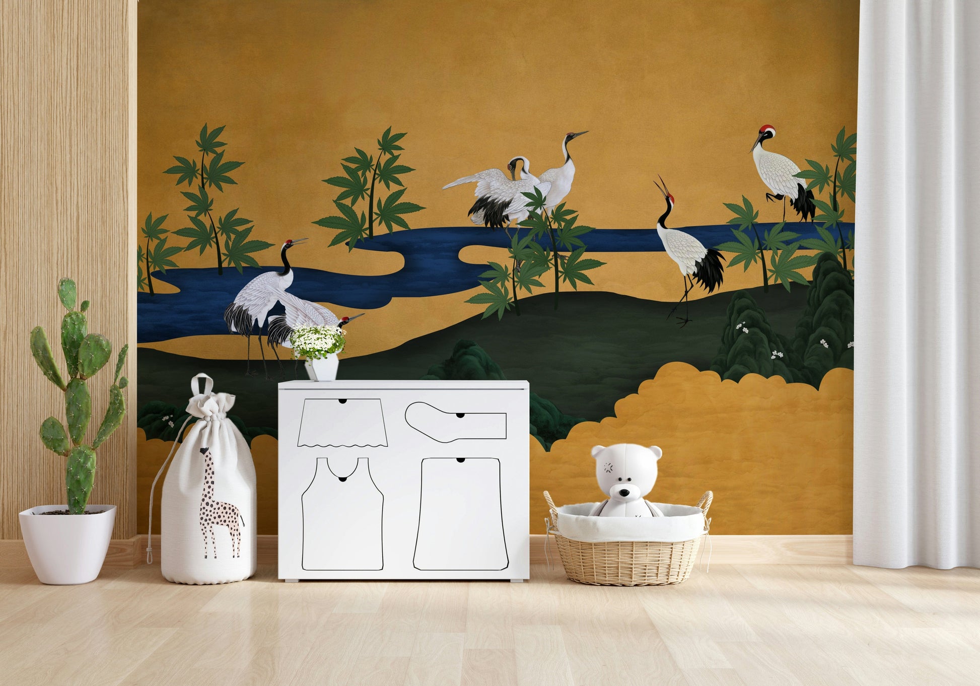 Minimal lounge with crane mural, soft color accents and calm look