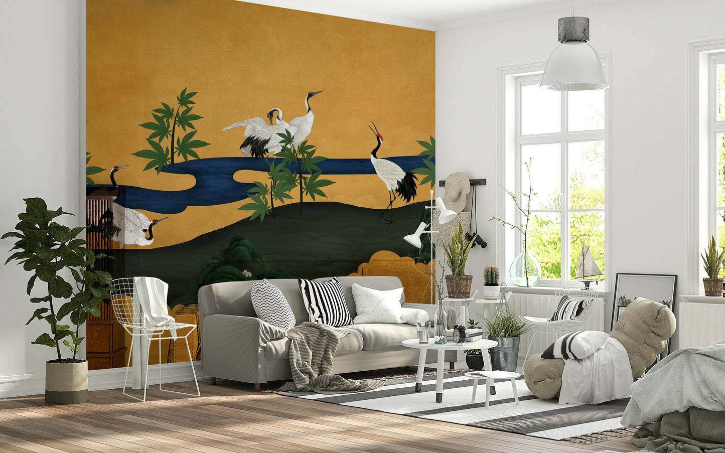 Crane mural in apartment lounge, modern feature wall with depth