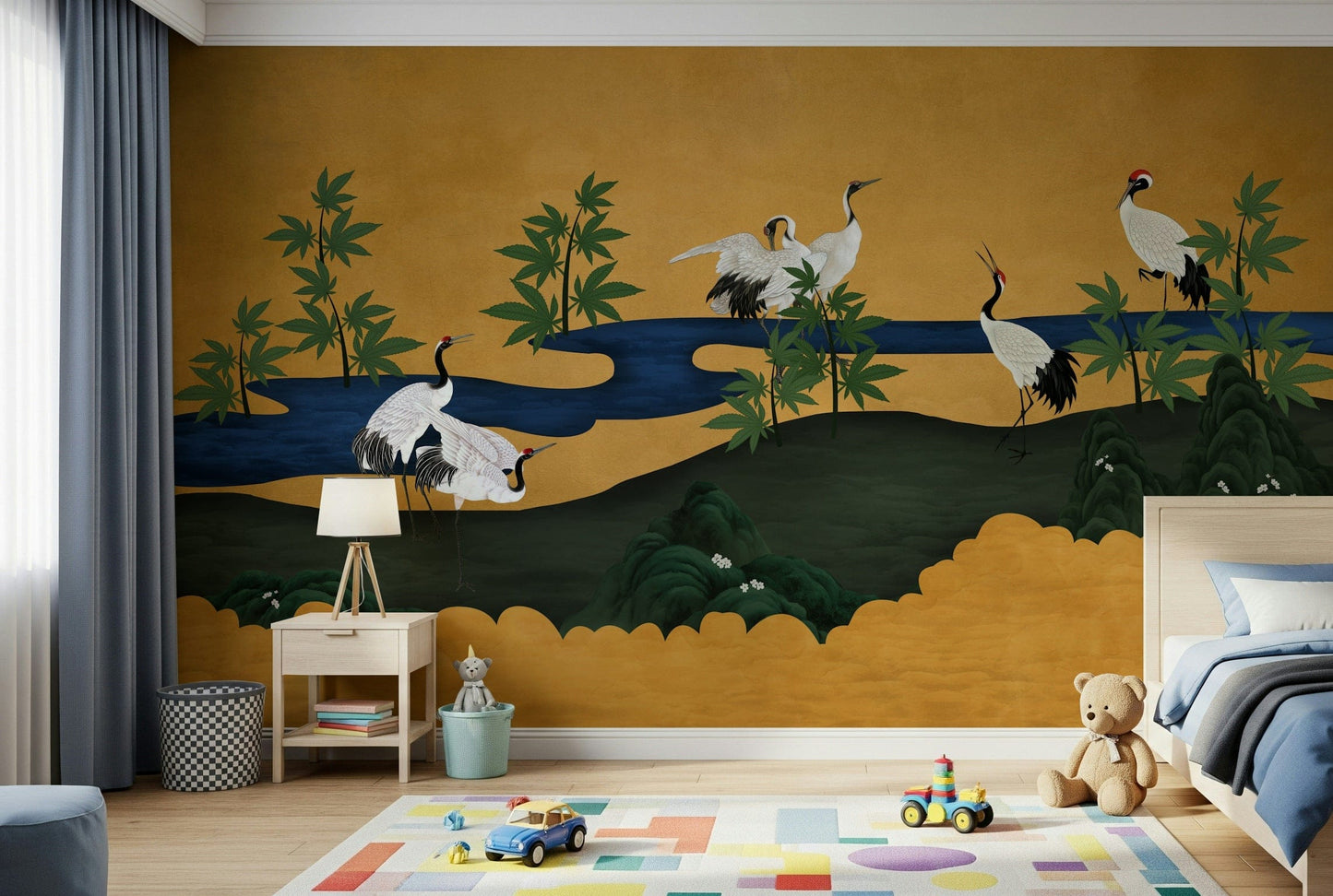 Elegant crane mural on dining feature wall, muted color palette