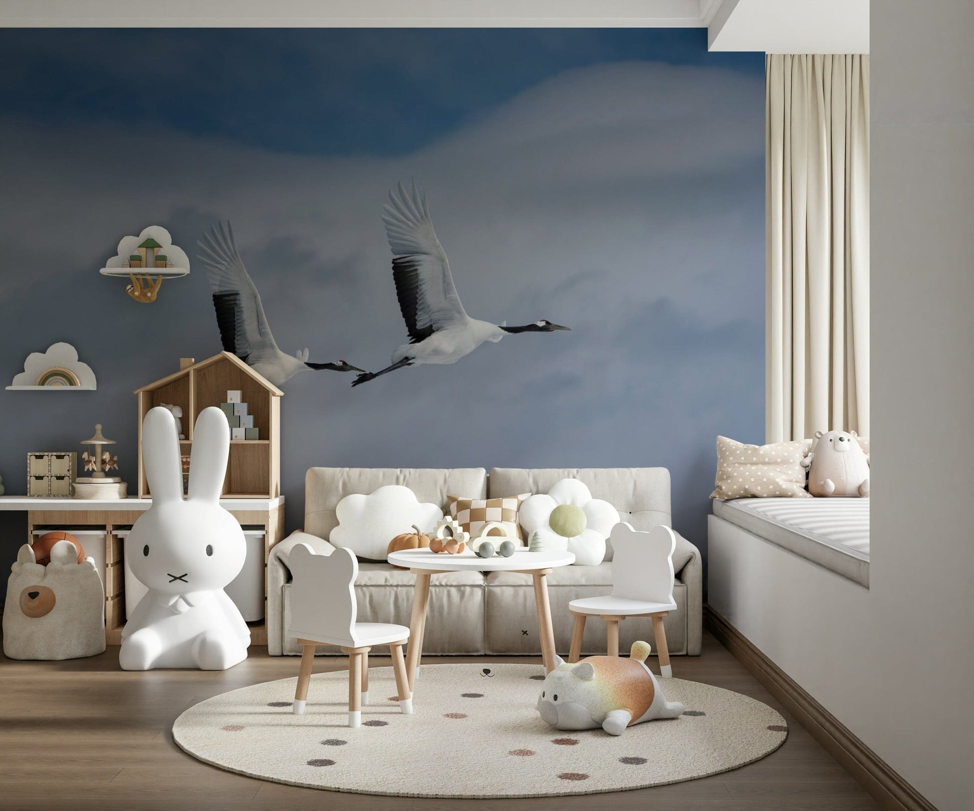 Entryway wall mural showing cranes flying over water, modern wall decor for apartment