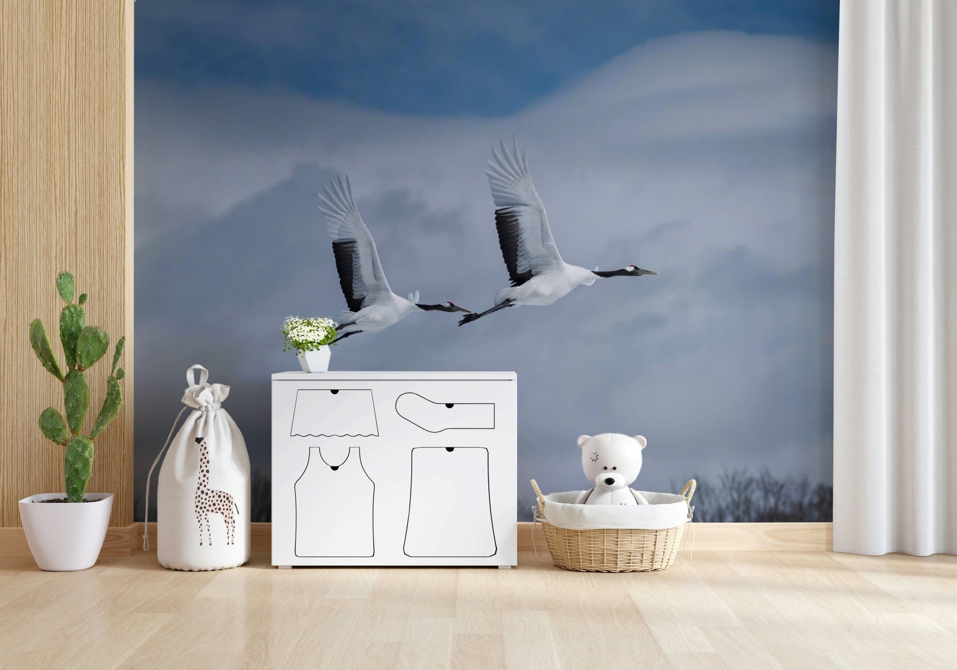 Crane’s Flight Wall Mural behind sofa, minimalist bird artwork, modern interior