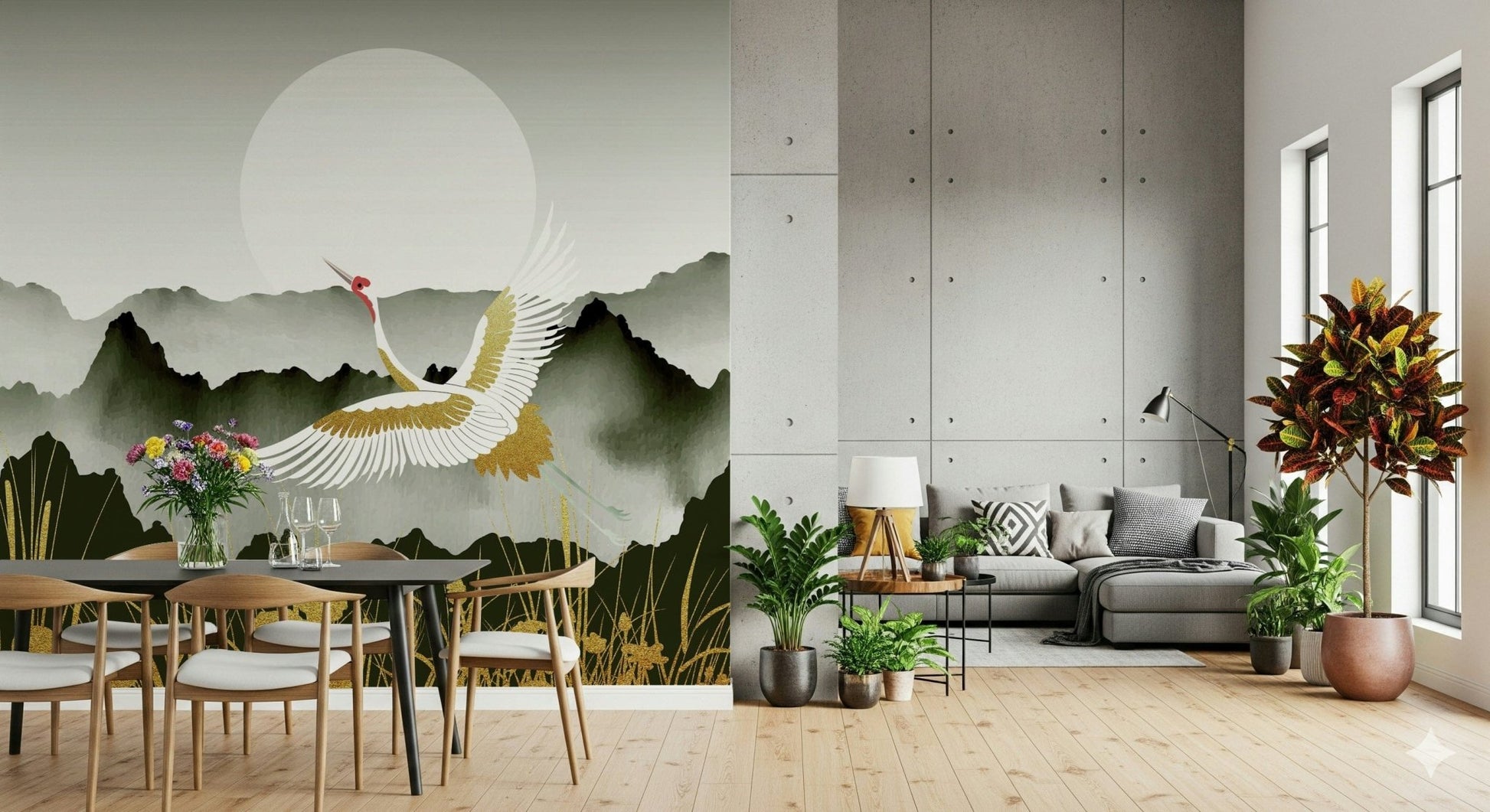 Hallway wall decor with crane mural, golden dawn background, contemporary look