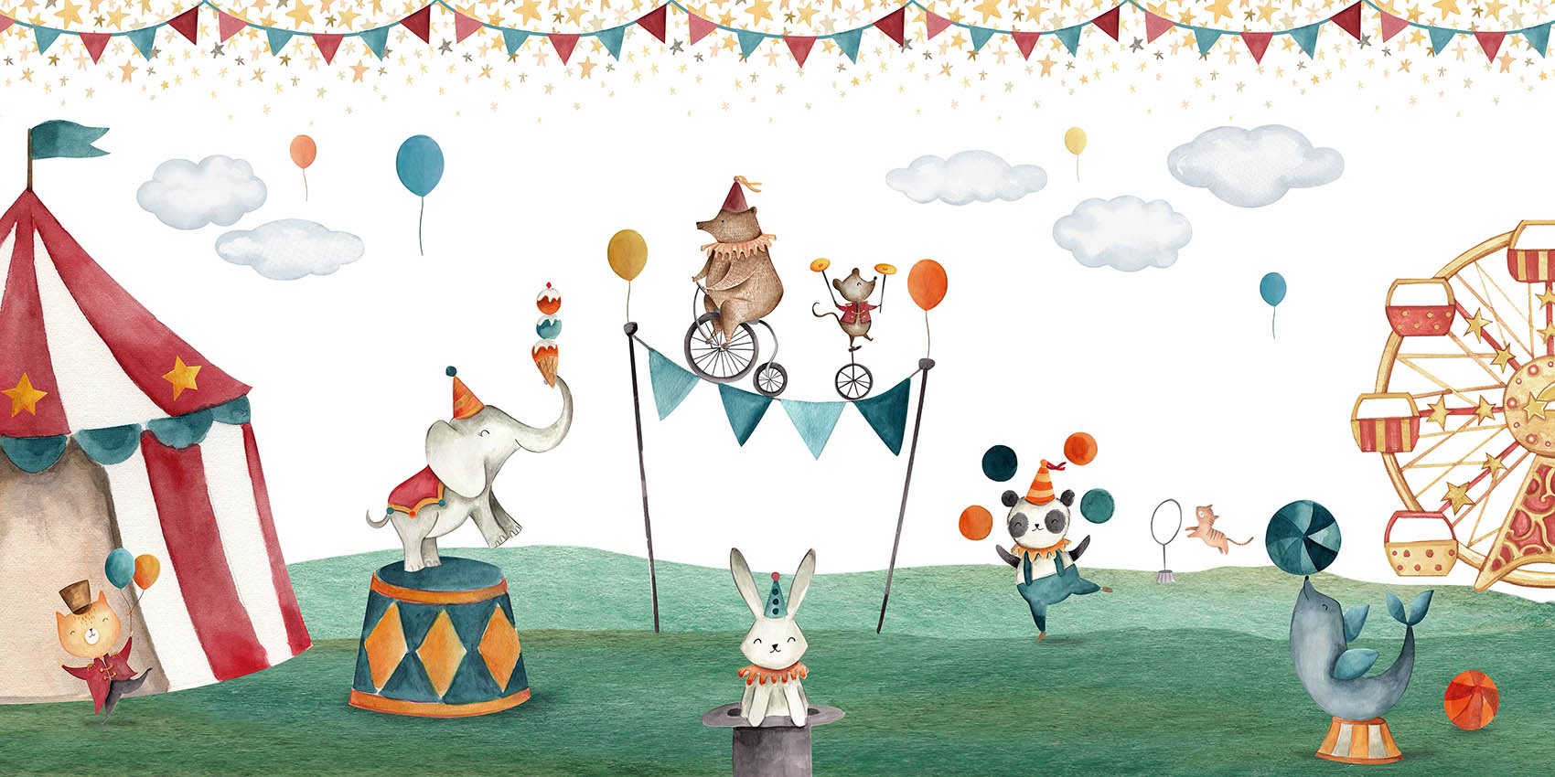 Crazy Circus Watercolour Bear Wallpaper Mural in your room — zoomed