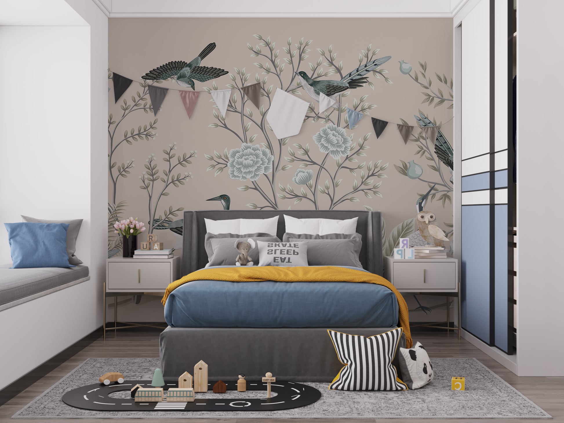 Cream Color Crane Birds on the Vintage Tree Wallpaper Mural - Giffywalls
