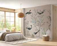 Cream crane bird wallpaper with vintage charm
