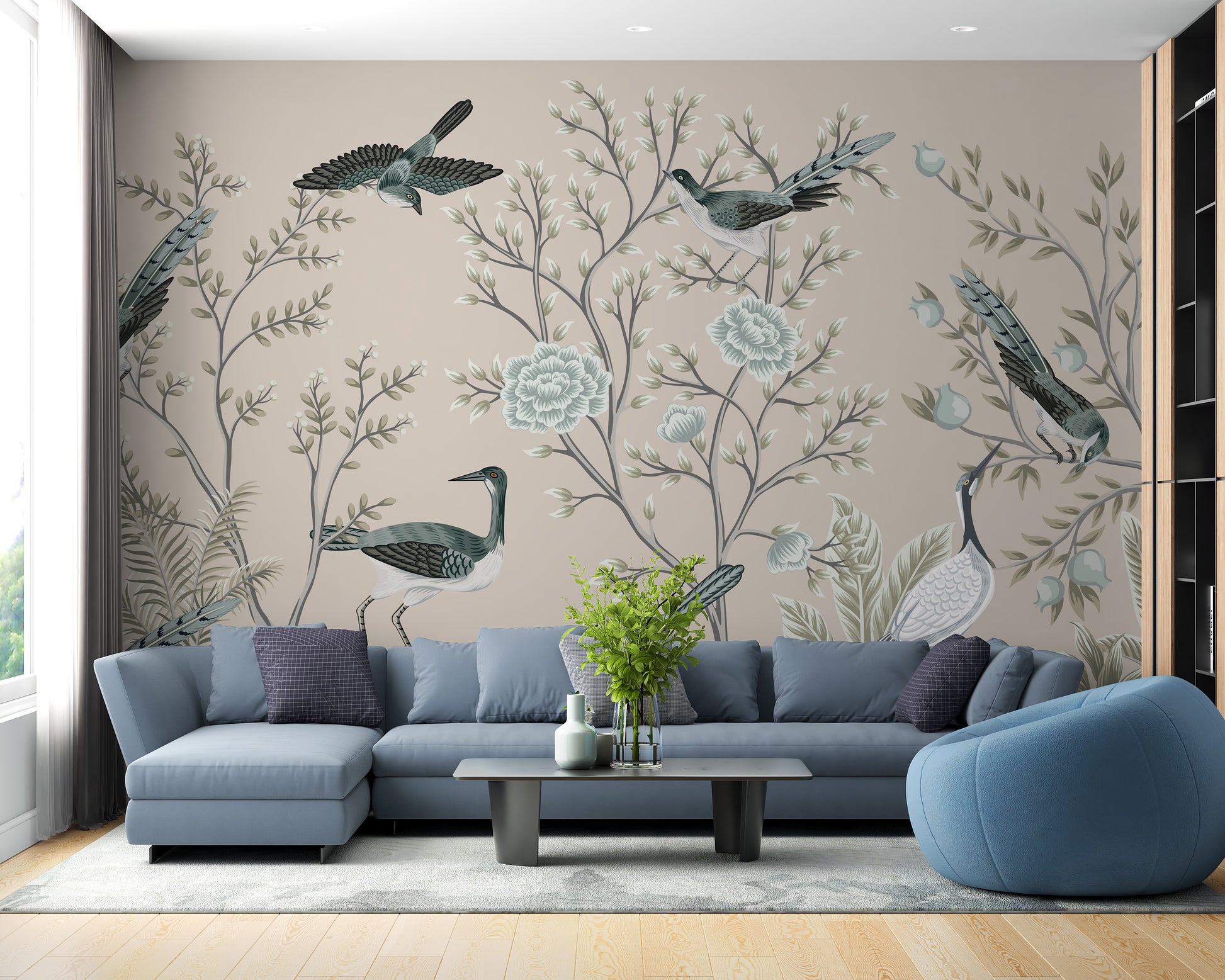 Vintage tree and crane birds wall mural
