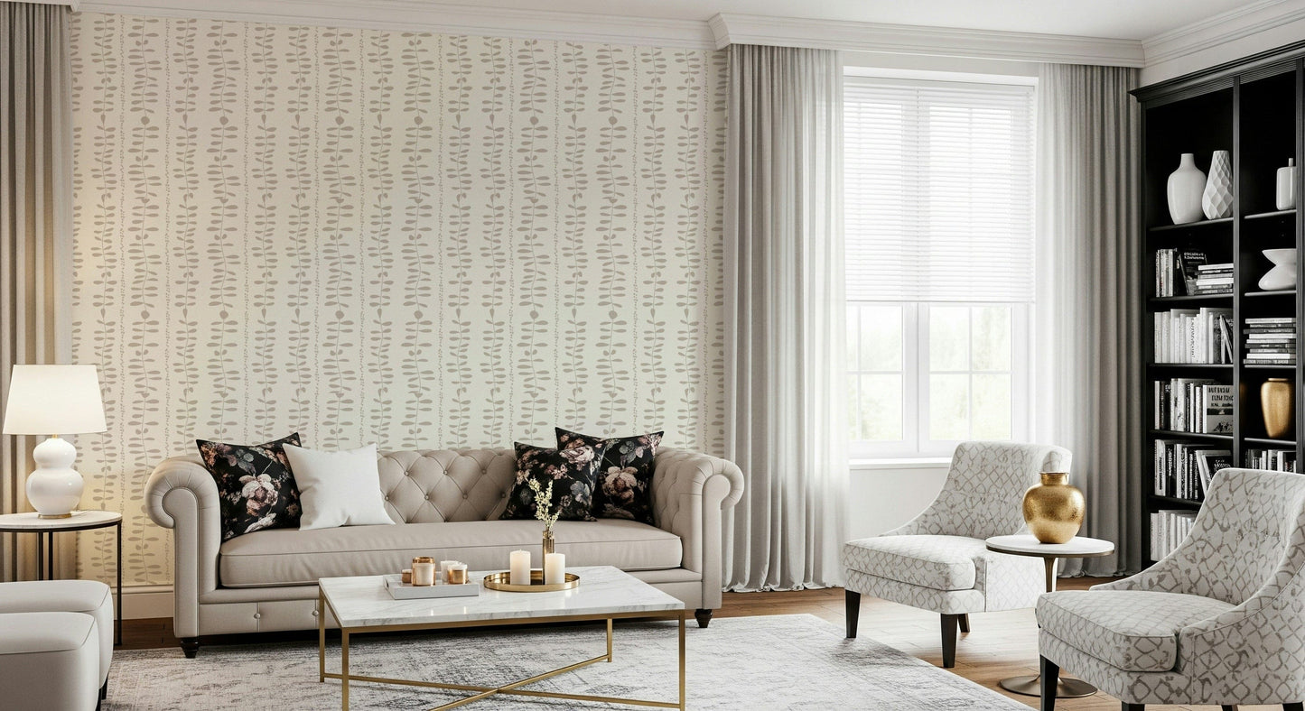 Leaves Cascade Cream chic botanical wallpaper for walls.