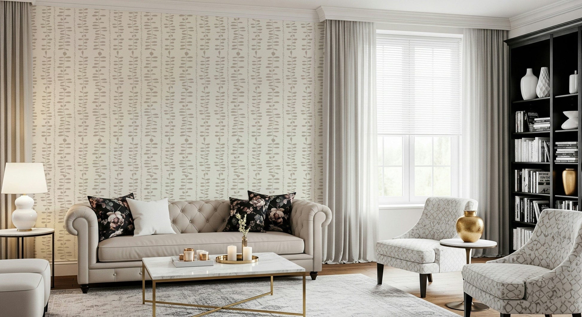 Leaves Cascade Cream chic botanical wallpaper for walls.