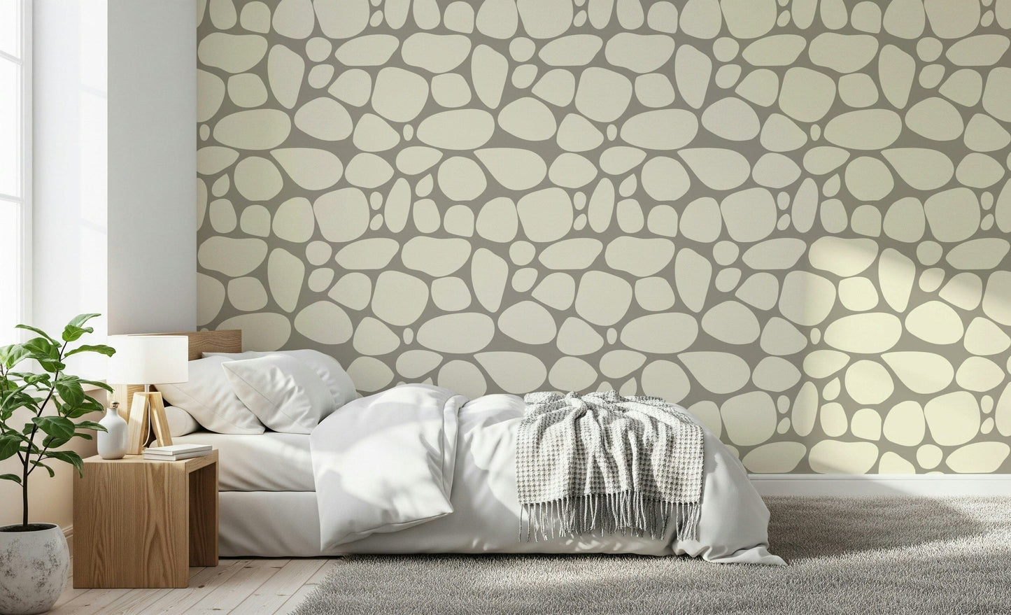 Contemporary Pebble Beach wall mural neutral taupe rock formations.