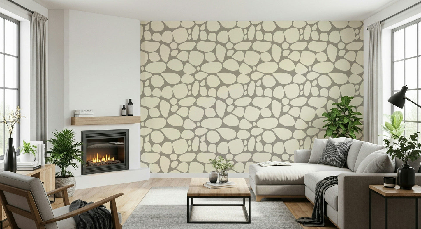 Serene Pebble Beach stone motif interior design wall mural surface.