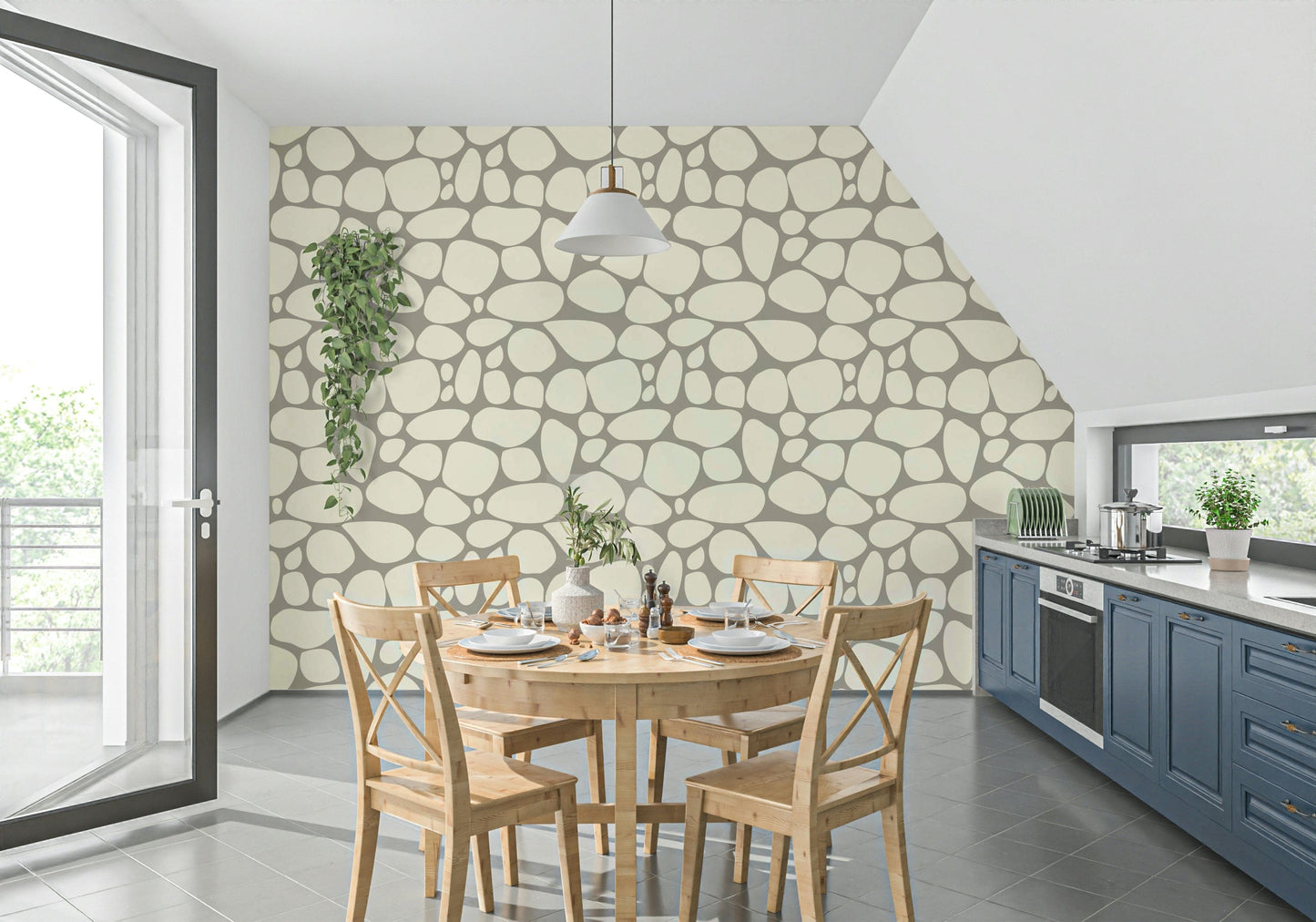 Striking Pebble Beach wallcovering smooth irregular rock design display.