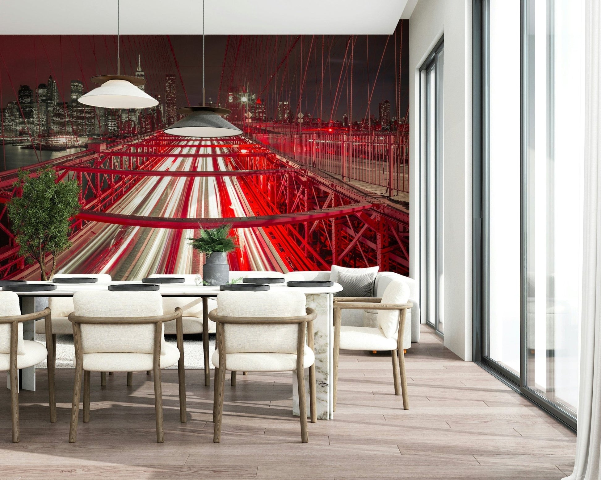 Intense urban mural City Lights traffic path red architecture.
