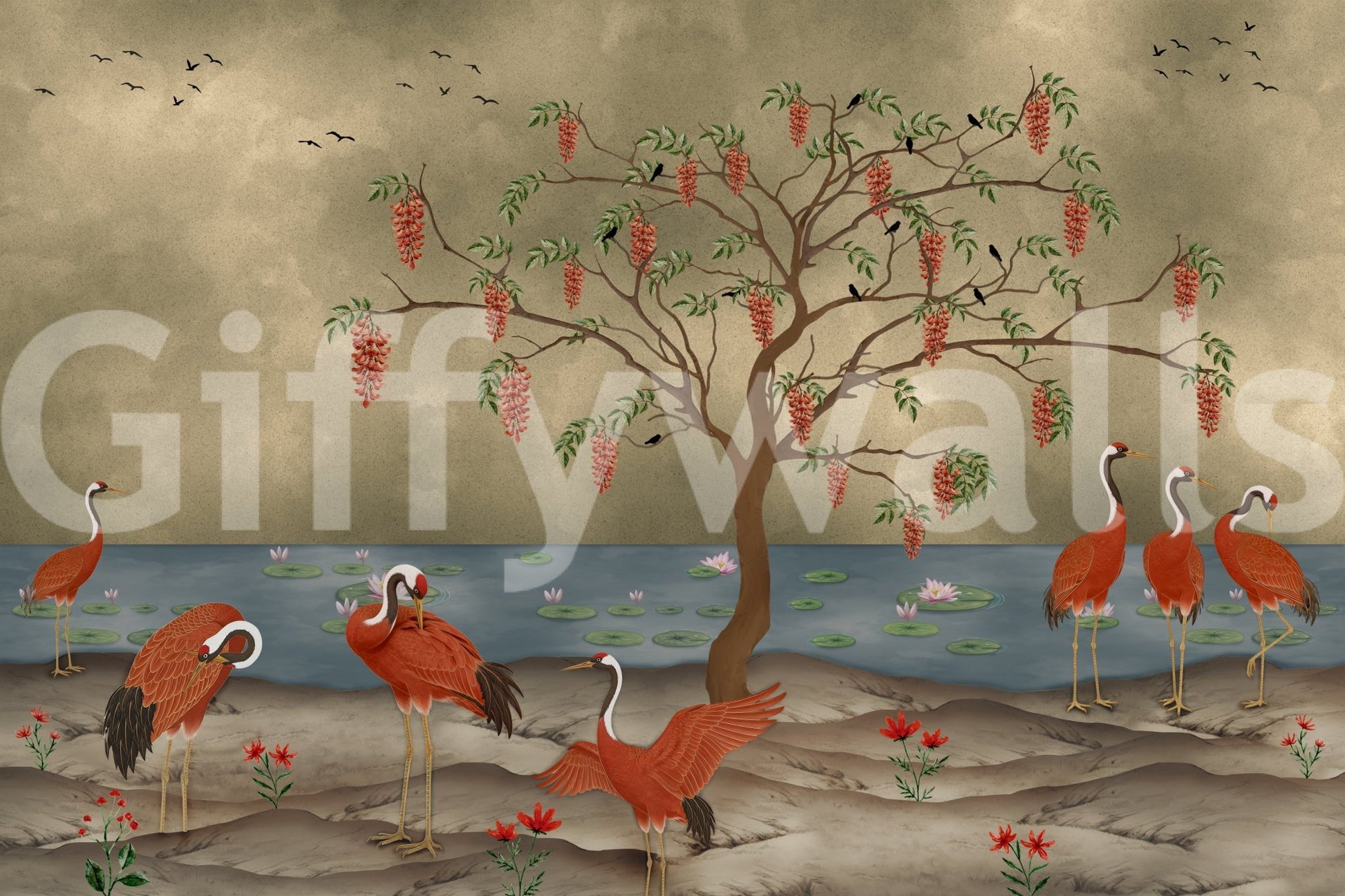 Red cranes stand near the water in this lotus lake wall mural.