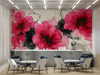 Artistic wall mural with crimson flowers

