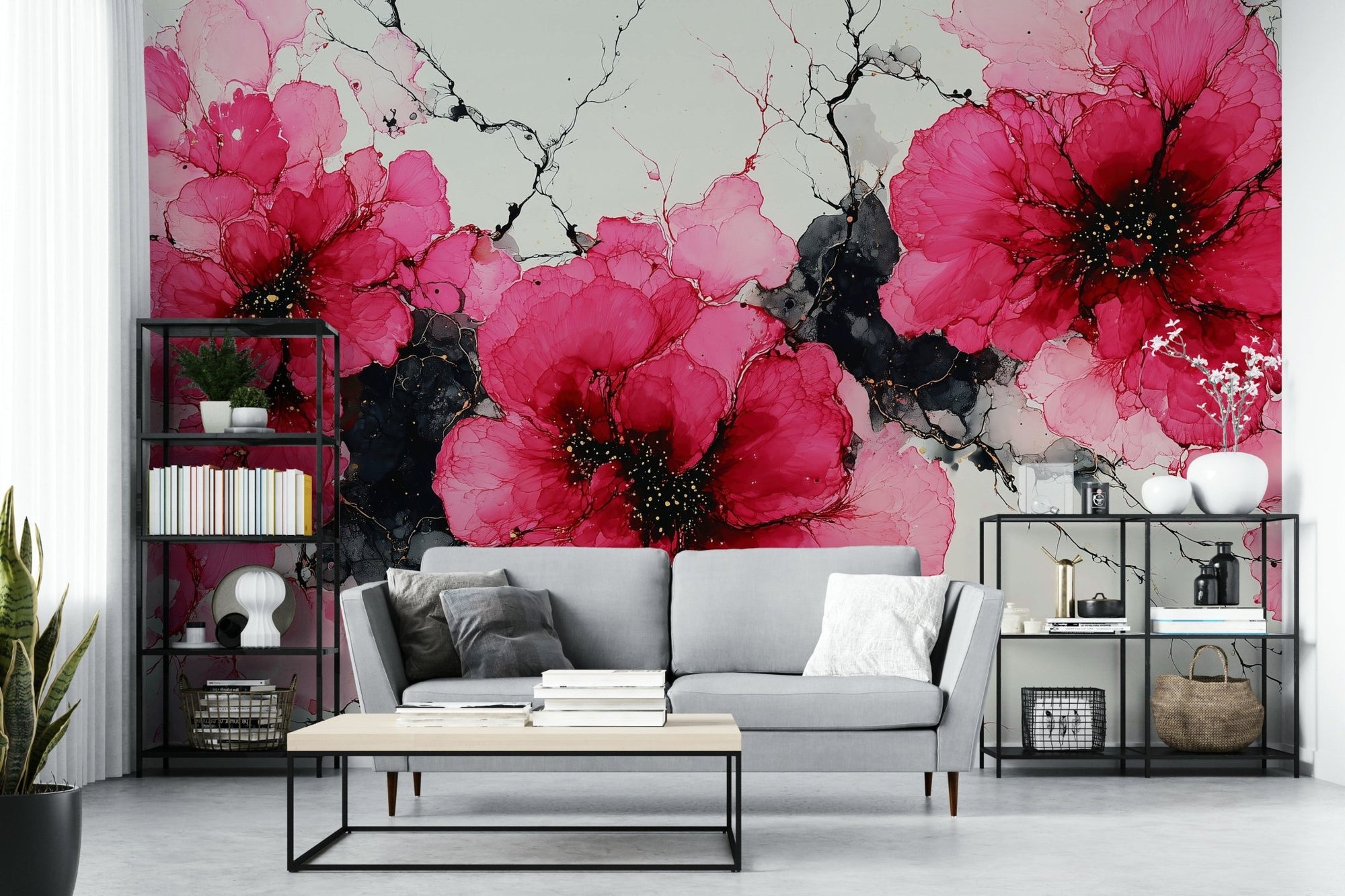 Crimson Floral Ink Symphony wallpaper mural with magenta ink blooms and black veining behind a grey sofa in a living room