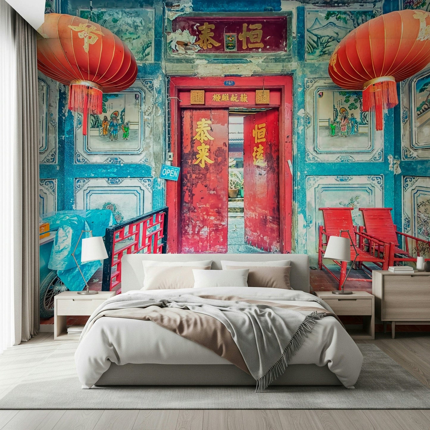Crimson Lanterns design highlighting intricate asian fresco paintings.