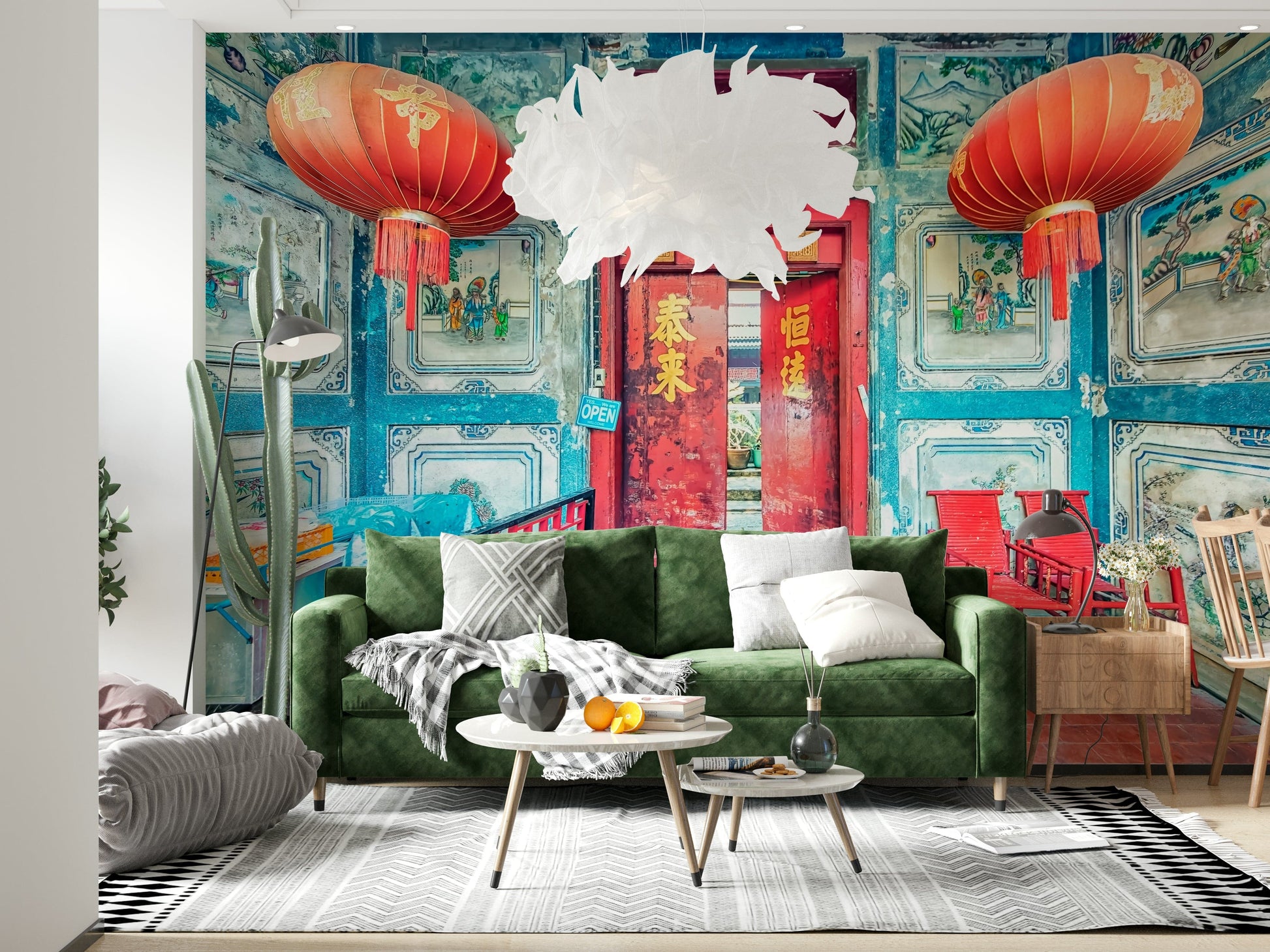 Traditional chinese paper lamps within Crimson Lanterns wall decor.