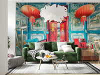 Traditional chinese paper lamps within Crimson Lanterns wall decor.