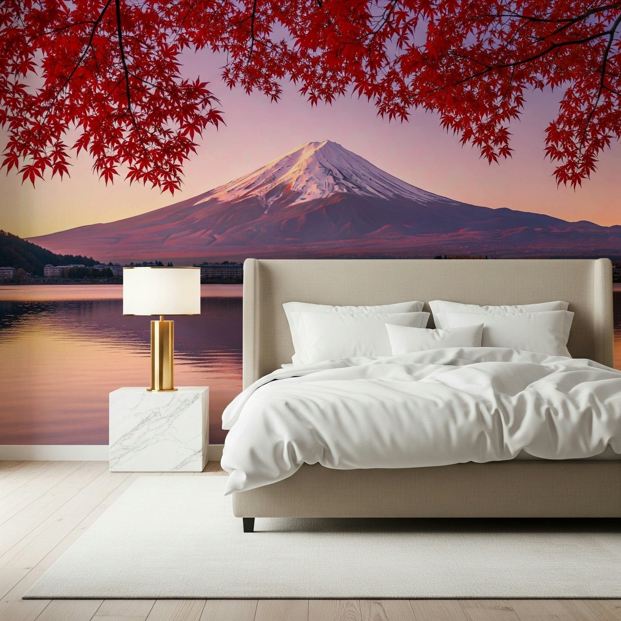Crimson Peak Vista wallpaper mural of a snowy peak and red maples above a beige upholstered bed in a bedroom