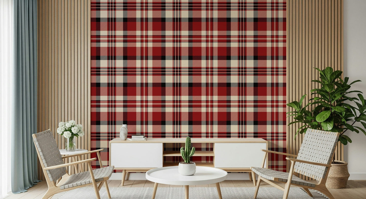 Crimson Plaid wallpaper featuring rich, vibrant plaid patterns for cozy interiors.